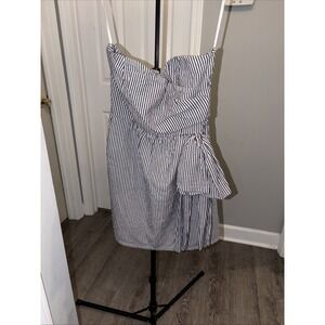 Judith March Seersucker Stripe Blue Bow Mini Dress Large Wire Boning Classic EUC